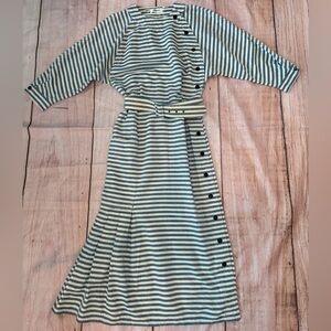 Vintage D’ore 1980’s Stripped Dress Belt Cotton Button Pleated Maxi Contemporary